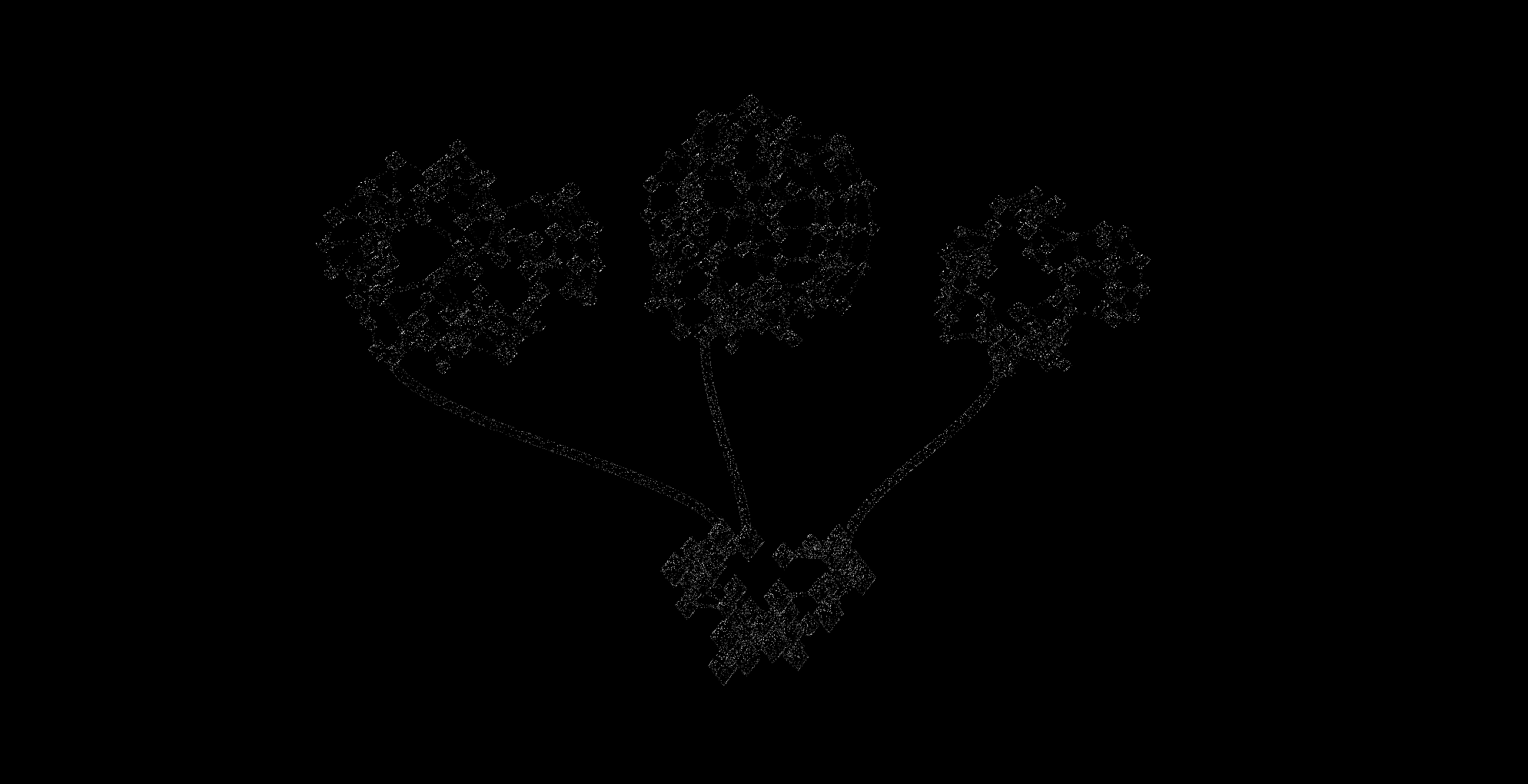 Three point-cloud networks joined by three stems to a shared lower network